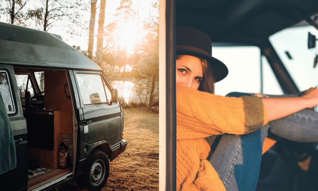 VW T3 Camper au bord du lac Femme avec chapeau dans le bus